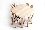 Wood chairs table farm animals