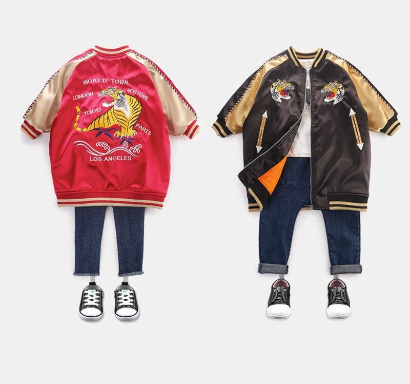 Tiger embroidery world tour long bomber jacket – Fashion for Your Kids